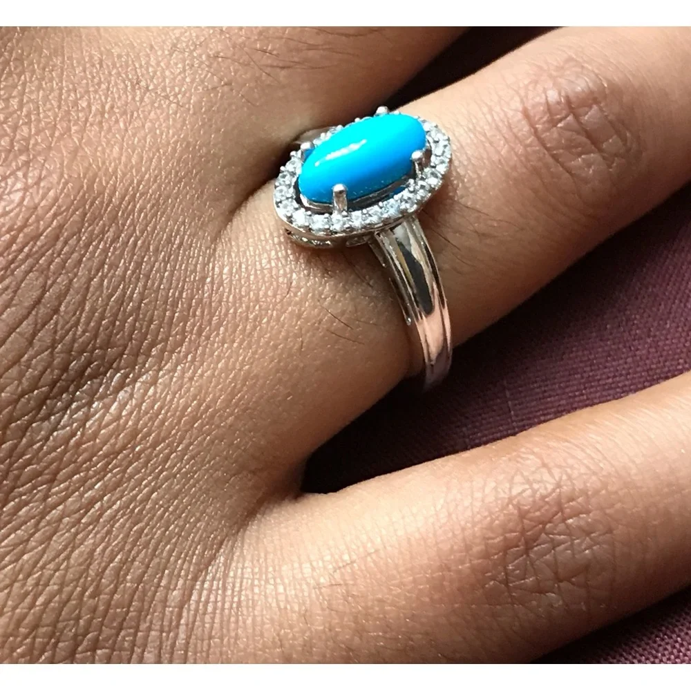 Sterling Silver Oval Turquoise CZ Ring Size 6 - Picture 3 of 14